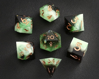 Green Black DND Dice Set, Green Jade Resin Sharp Edge D&D Dice Set for Gifts, Dungeons and Dragons Polyhedral RPG D6, D20 Dice
