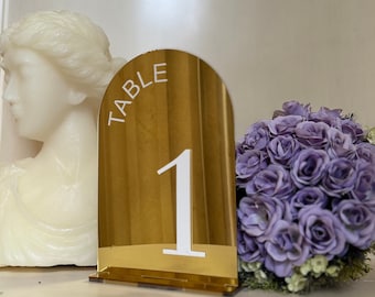 Mirrored-Golden Acrylic Table Numbers with stand- Wedding Table Decor -  Gold Acrylic Sign - Wedding Signage - Gold Table Numbers - chic