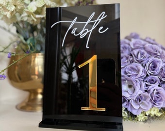 Mirrored-black acrylic Table Numbers with stand - Wedding Table Decor -  Minimalist Acrylic Sign - Gold Table Numbers - black & gold