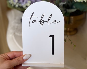 Classic white Arched Acrylic Table Numbers - Wedding Table Decor -  Acrylic Sign - Wedding Signage - Minimalist Table Numbers - Classy Signs