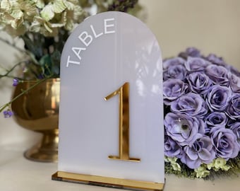 Frosted Arch Acrylic Table Numbers with stand - Wedding Table Decor -  Frosted Acrylic Sign - Wedding Signage - Gold Table Numbers