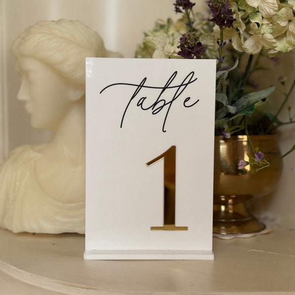 Elegant wedding table numbers 1-50 with golden detail. 3D table number. Chic wedding planning. Glam wedding decor