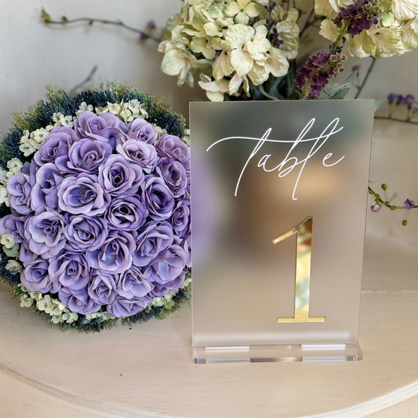 Frosted Acrylic Table Numbers with stand - Wedding Table Decor -  Frosted Acrylic Sign - Transparent Table Numbers - Gold details