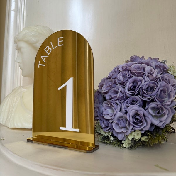 Gold Arch Acrylic Table Numbers with stand in luxurious glam style