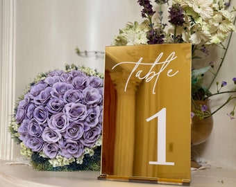 Mirrored-Golden Acrylic Table Numbers with stand - Wedding Table Decor -  Gold Acrylic Sign - Wedding Signage - Gold Table Numbers - Chic
