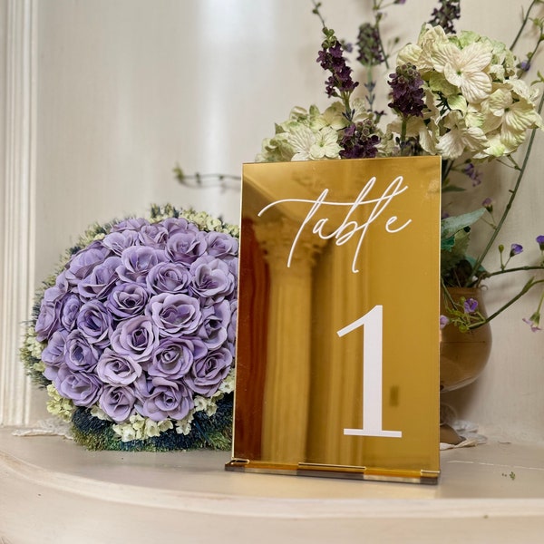 Mirrored-Golden Acrylic Table Numbers with stand - Wedding Table Decor -  Gold Acrylic Sign - Wedding Signage - Gold Table Numbers - Chic