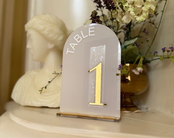 Frosted Arch Acrylic Table Numbers with stand- Wedding Table Decor -  Frosted Acrylic Sign - Wedding Signage - Gold Table Numbers