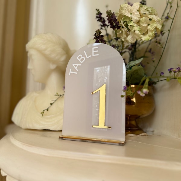 Frosted Arch Acrylic Table Numbers with stand- Wedding Table Decor -  Frosted Acrylic Sign - Wedding Signage - Gold Table Numbers