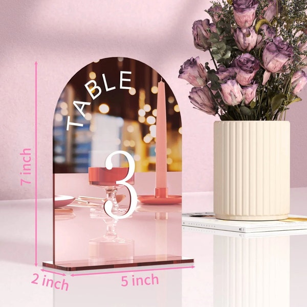 Wedding Table numbers Pink Mirrored Arch Acrylic with stand
