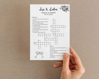 May include: A printable crossword puzzle with the title "Sip & Solve" and the names Amelia & Henry. The puzzle has a disco ball graphic and the date 09.10.2030.