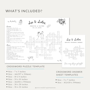 May include: A printable wedding crossword puzzle template with a black and white illustration of a bride and groom. The crossword puzzle is titled "Sip & Solve" and includes the names Jessica & Oliver and the date 09.10.2030. The template is available in various sizes, including 7 x 5 inches, A4 (297 x 210 mm), 10 x 8 inches, 24 x 18 inches, A1 (841 x 594 mm), 30 x 20 inches, and 36 x 24 inches.