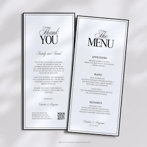 Moderne Menü und Dankes-Karten Vorlage Hochzeits-Empfang Menü Karten Personalisierte Elegante Hochzeit Dankes-Karte mit QR-Code Tischdekoration