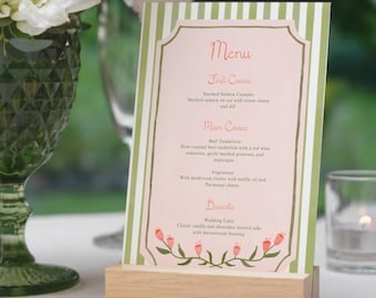 Green Striped Wedding Menu Template: Pink Floral Design (Digital Download, 5x7")