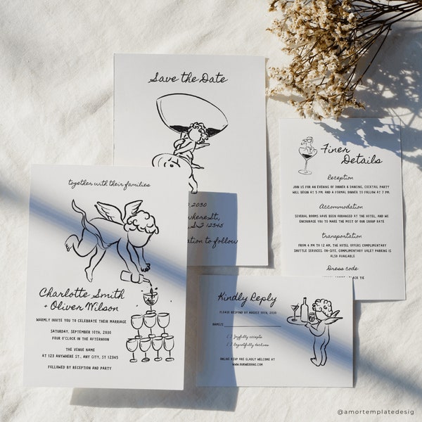 Hand Drawn Cupid Wedding Invitation Suite Template, Whimsical Wedding Invites, Editable Wedding Template, Save the Date Handwritten