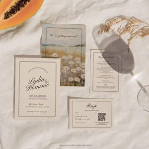 Modèle de suite de faire-part de mariage fleurs sauvages, invitations de mariage florales vintage, faire-part de mariage modifiable dans le jardin imprimable avec code QR RSVP