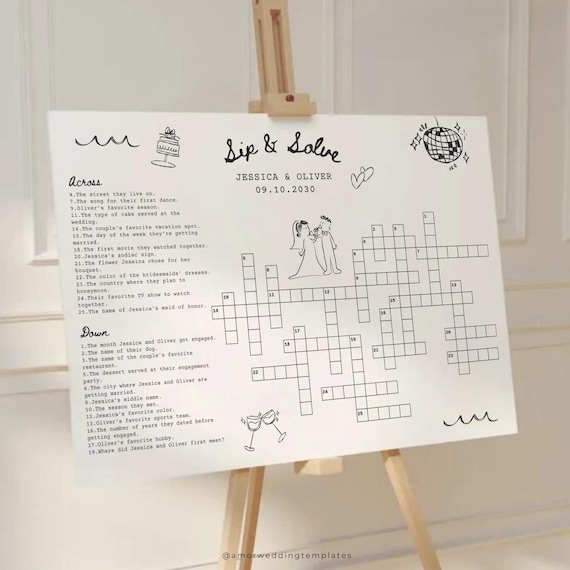 Custom Wedding Crossword Puzzle: Hand Drawn Sip and Solve Game Editable Canva (Printable Template)