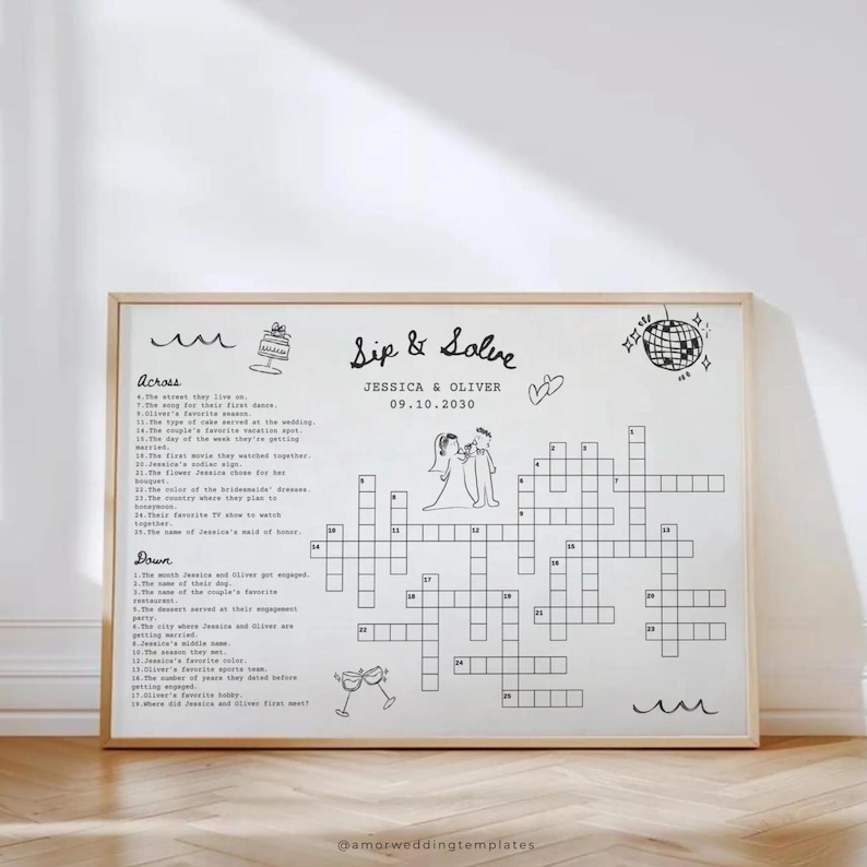 May include: A black and white crossword puzzle with the title "Sip & Solve" and the names Jessica & Oliver. The date 09.10.2030 is also included. The crossword puzzle is surrounded by a white border and a wooden frame.