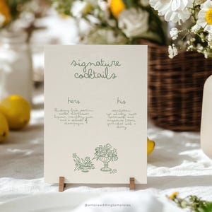 Modèle d'enseignes florales pour cocktail Signature dessinée à la main pour elle et les siens Carte de menus de bar manuscrite et modifiable Mariage vert