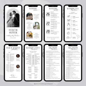 May include: A black and white wedding timeline template with a minimalist design. The template includes a wedding day timeline, a weekend events timeline, a wedding party timeline, a bride's timeline, and a groom's timeline. The template also includes a hair and makeup schedule.
