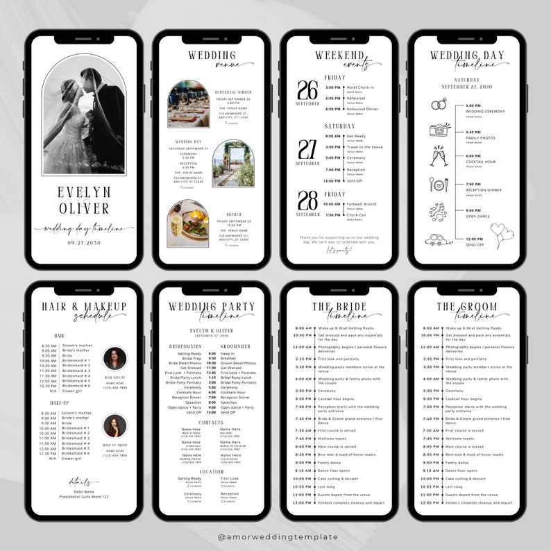 May include: A black and white wedding timeline template with a minimalist design. The template includes a wedding day timeline, a weekend events timeline, a wedding party timeline, a bride's timeline, and a groom's timeline. The template also includes a hair and makeup schedule.