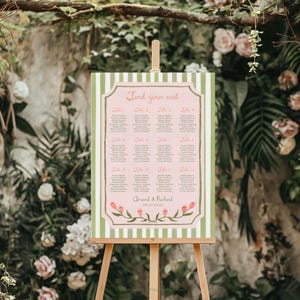 Rosa und grüne Sitzplanvorlage, Vintage Hochzeitsschild, klassischer Hochzeitssitzplan bearbeitbar, grün gestreiftes Aquarell Hochzeitsschild