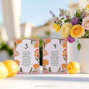 Handgezeichnete Sitzplatzkarte Tischschild Vorlage Bunte Blumen Sitzplan Karte für Hochzeit Skurril Handgeschriebene Sitzplan Karten Gedruckt