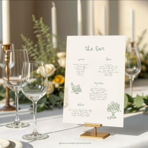 Plantilla de letrero de menú de bar escrito a mano, menú de bebidas de boda dibujado a mano, letreros de mesa para recepción de boda, menú de bebidas de autor, boda verde