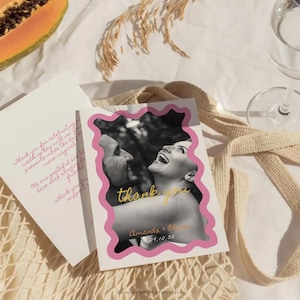 Modèle de cartes de remerciement manuscrites pour mariage Cartes de remerciement de mariage ondulées avec photo Cartes de remerciement simples Notes de remerciement photo imprimables