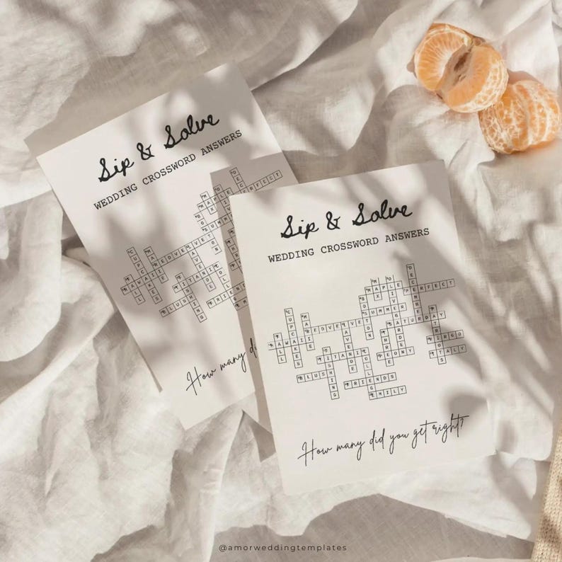 May include: Two printable wedding crossword puzzles with the text "Sip & Solve Wedding Crossword Answers" and "How many did you get right?" on a white background.