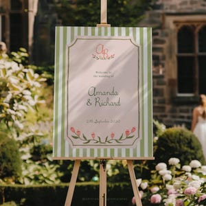Green Stripe Wedding Welcome Sign Template, Watercolor Wedding Sign, Editable Canva Floral Wedding Sign, Printable Reception Entrance Decor