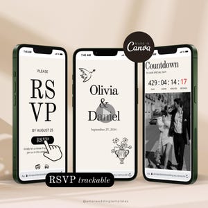 Può includere: Tre smartphone che mostrano modelli di inviti di nozze. Il primo schermo dice "RSVP" con un'icona a forma di mano. Il secondo schermo mostra "Olivia & Daniel" e la data del matrimonio. Il terzo schermo ha un timer per il conto alla rovescia.