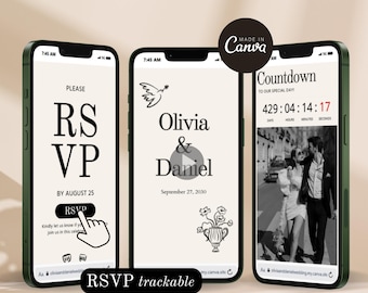 Digital Wedding Invitation Template with Trackable RSVP, Online Registry Form, Hand Drawn Web Design