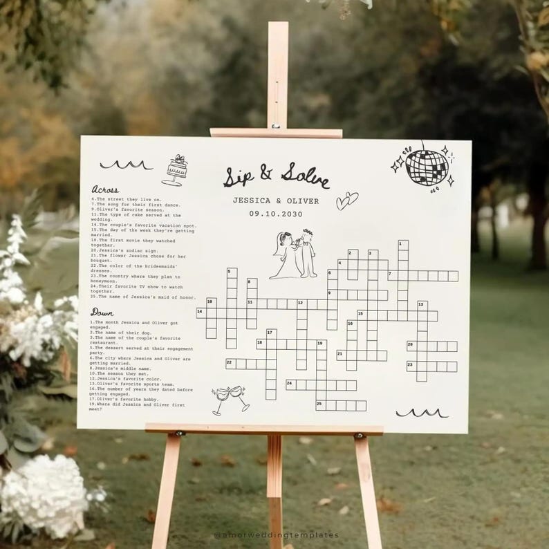 May include: A white printable wedding sign with a crossword puzzle and the text "Sip & Solve Jessica & Oliver 09.10.2030".