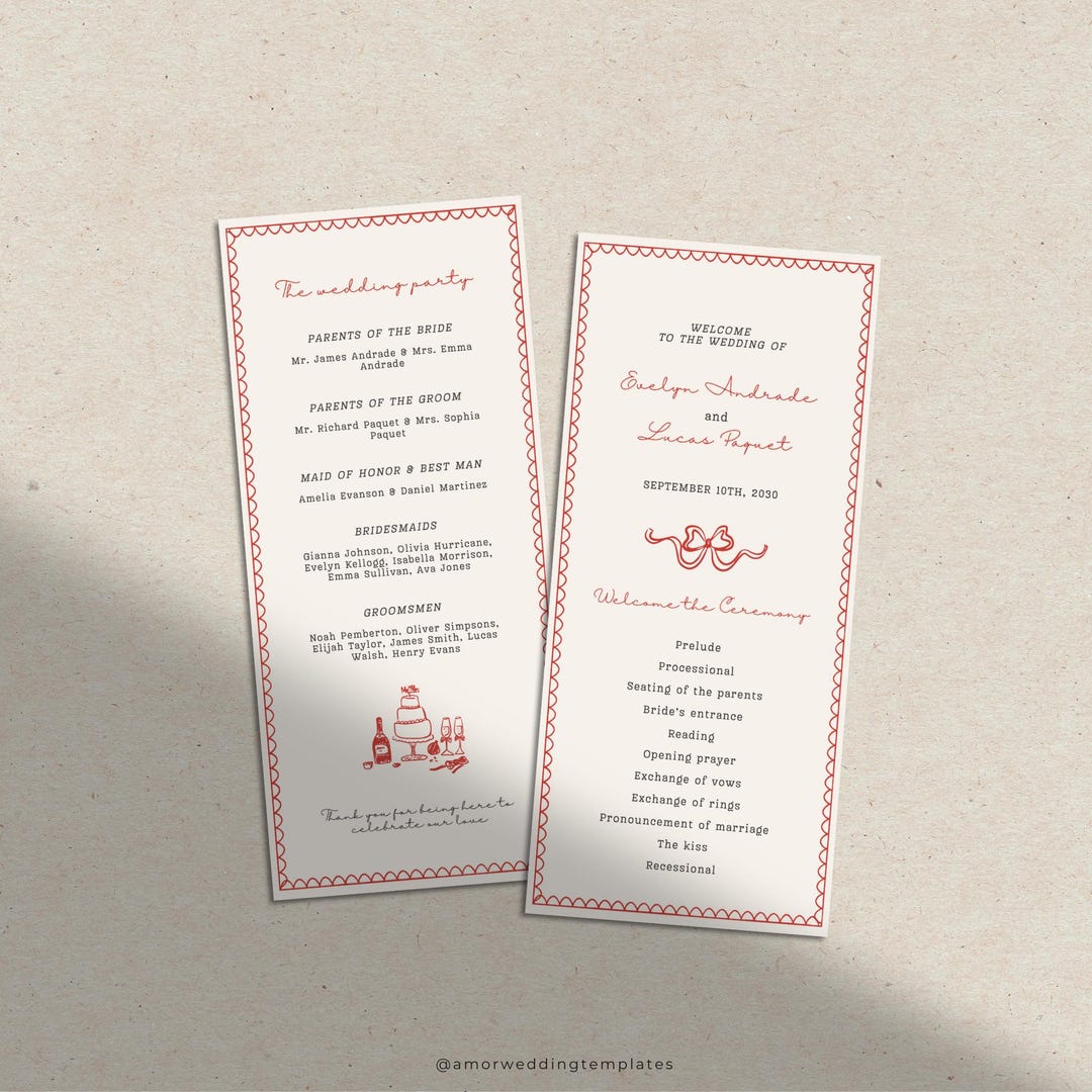 Hand Drawn Wedding Program Template Modern Order of Service Editable ...