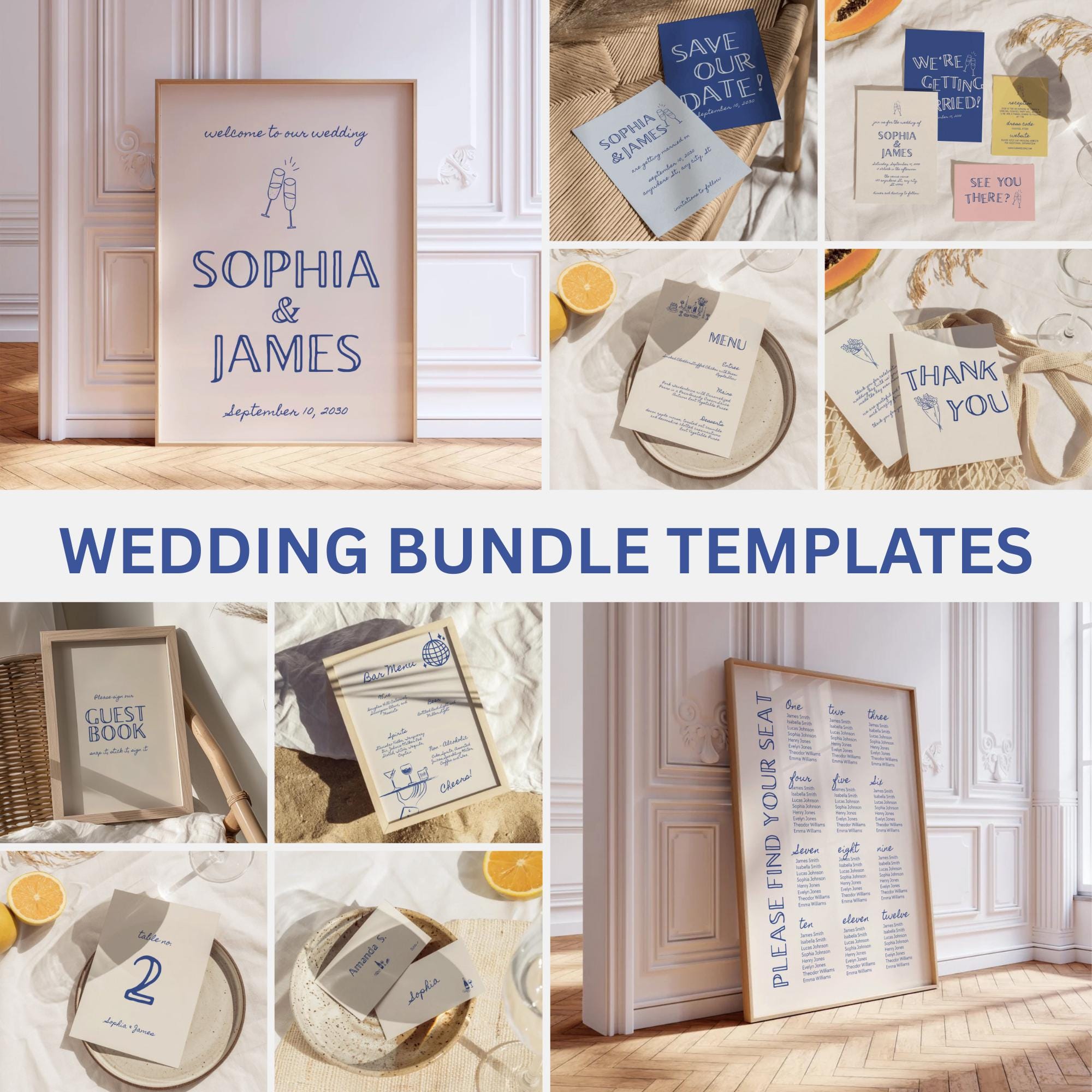 Whimsical Wedding Bundle Template, Hand Drawn Wedding Stationery Bundle, Handwritten Reception Sign Editable, Colorful Wedding Table Signage
