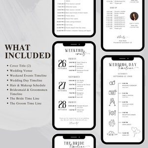 May include: A black and white wedding timeline template with a smartphone mockup. The template includes a wedding day timeline with icons for the ceremony, photos, cocktail hour, reception dinner, open dance, and send-off. The template also includes a weekend events timeline with a list of events for Friday, Saturday, and Sunday.