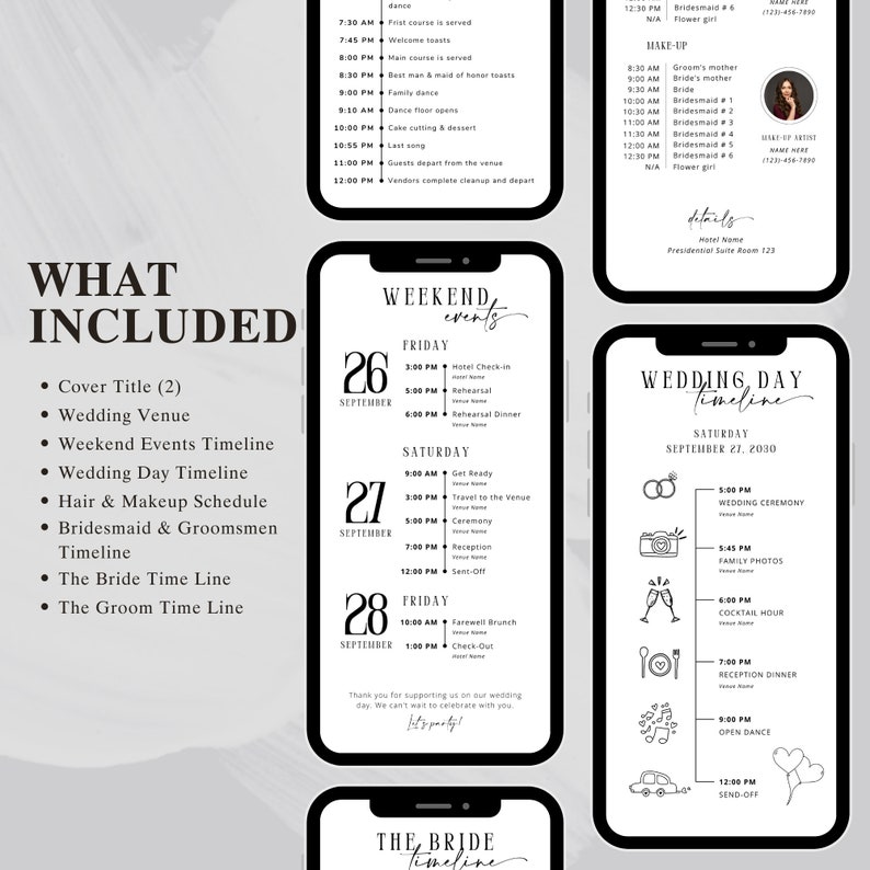 May include: A black and white wedding timeline template with a smartphone mockup. The template includes a wedding day timeline with icons for the ceremony, photos, cocktail hour, reception dinner, open dance, and send-off. The template also includes a weekend events timeline with a list of events for Friday, Saturday, and Sunday.