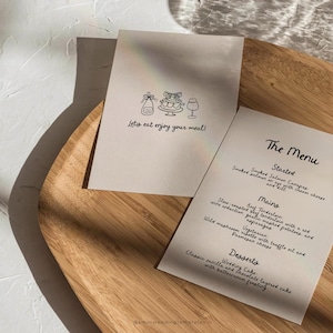 Plantilla de menú para cena, menú manuscrito, simple y editable para bodas, tarjetas de menú de mesa dibujadas a mano, papelería de boda caprichosa y colorida