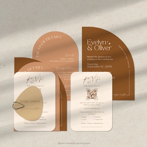 Beige Hochzeitseinladungsvorlage, QR-Code Antwortkarte, Einladungssuiten, Detailkarte, Bogeneinladungsvorlage, individuelle Hochzeit, Hochzeitsvorlagen
