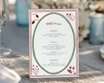 Hand Drawn Wedding Menu Template: Red Doodle Design, Editable Canva (Digital Download)