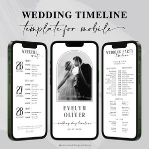 May include: A black and white wedding timeline template for mobile phones. The template includes a photo of a couple kissing, a wedding day timeline, and a wedding party timeline with contact information and locations.