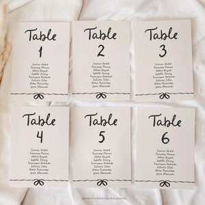 Plantilla de tarjeta de asiento manuscrita caprichosa, diseño de lazo ondulado dibujado a mano, tarjetas de plano de asientos de boda imprimibles, minimalistas, encuentra tu asiento editable