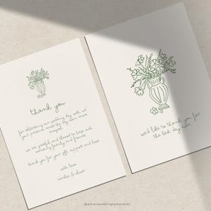 Modèle de carte de remerciement fleur Illustrations mignonnes dessinées à la main Cartes de mariage manuscrites Modifiables Mariage fantaisiste Papeterie verdure