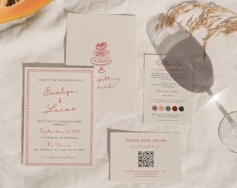 Red Minimalist Wedding Invitation Suite: Editable Canva Template (Digital Download