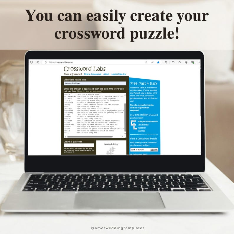 May include: A laptop computer displaying a website called Crossword Labs. The website allows users to create and solve crossword puzzles. The website is free and easy to use. The website has a section for creating a crossword puzzle and a section for finding a crossword puzzle.
