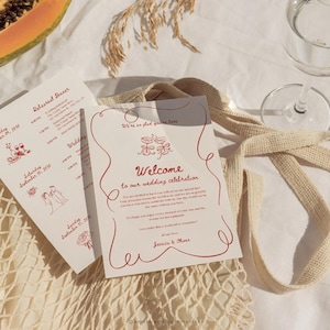 Modèle de sacs de bienvenue de mariage dessinés à la main Lettre de bienvenue manuscrite et impressions de la chronologie Ordre des événements de mariage Sacs de bienvenue Invité de mariage