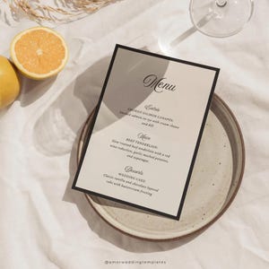 Menu moderne et modèle de carte de remerciement Cartes de menu de réception Menu de mariage fantaisiste imprimable Menu de mariage élégant de style français 5 x 7