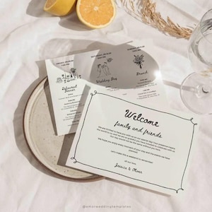 Modèle de lettre de sac de bienvenue de mariage dessiné à la main Carte d'événements de mariage manuscrite Lettre de bienvenue et itinéraire de mariage imprimables