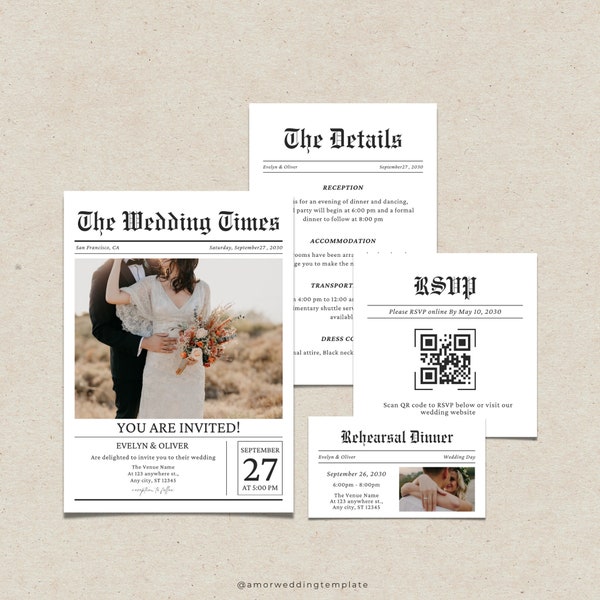 Newspaper Wedding Invitation Template, Editable Wedding Invites, Wedding Invitation Set, Wedding Newspaper, Unique Wedding Invitations