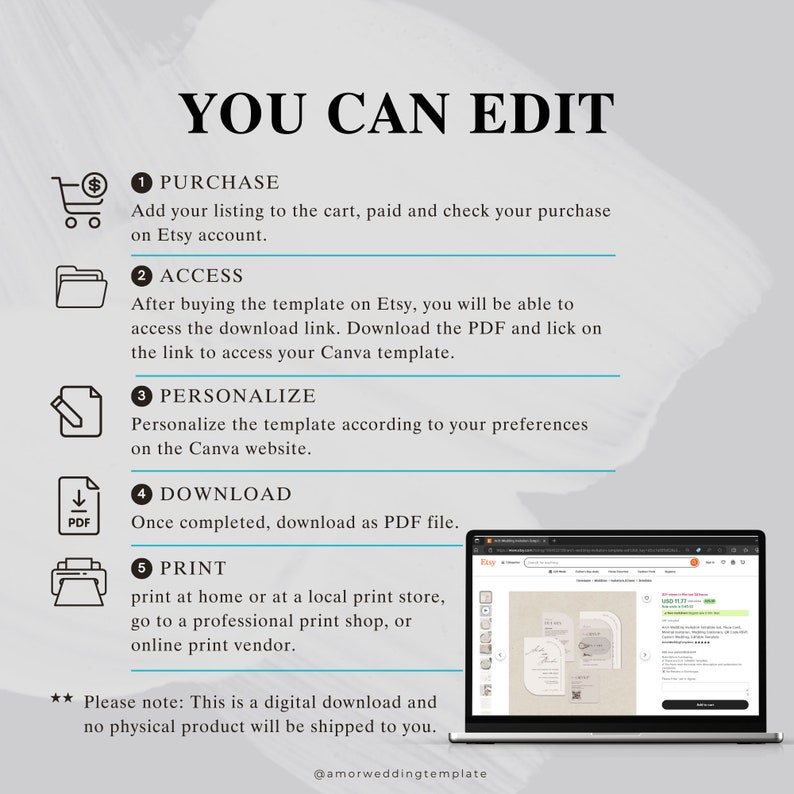 May include: A digital download guide for editing a Canva template. The guide outlines the steps for purchasing, accessing, personalizing, downloading, and printing the template. The image includes a laptop screen showing a preview of the template.
